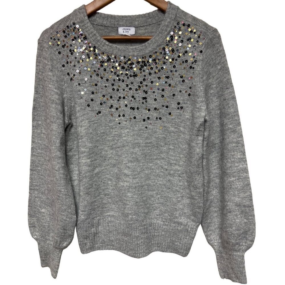 Crown & Ivy Women's Sweater Heather Grey Sequin Long Sleeve Petite Medium PM NEW
